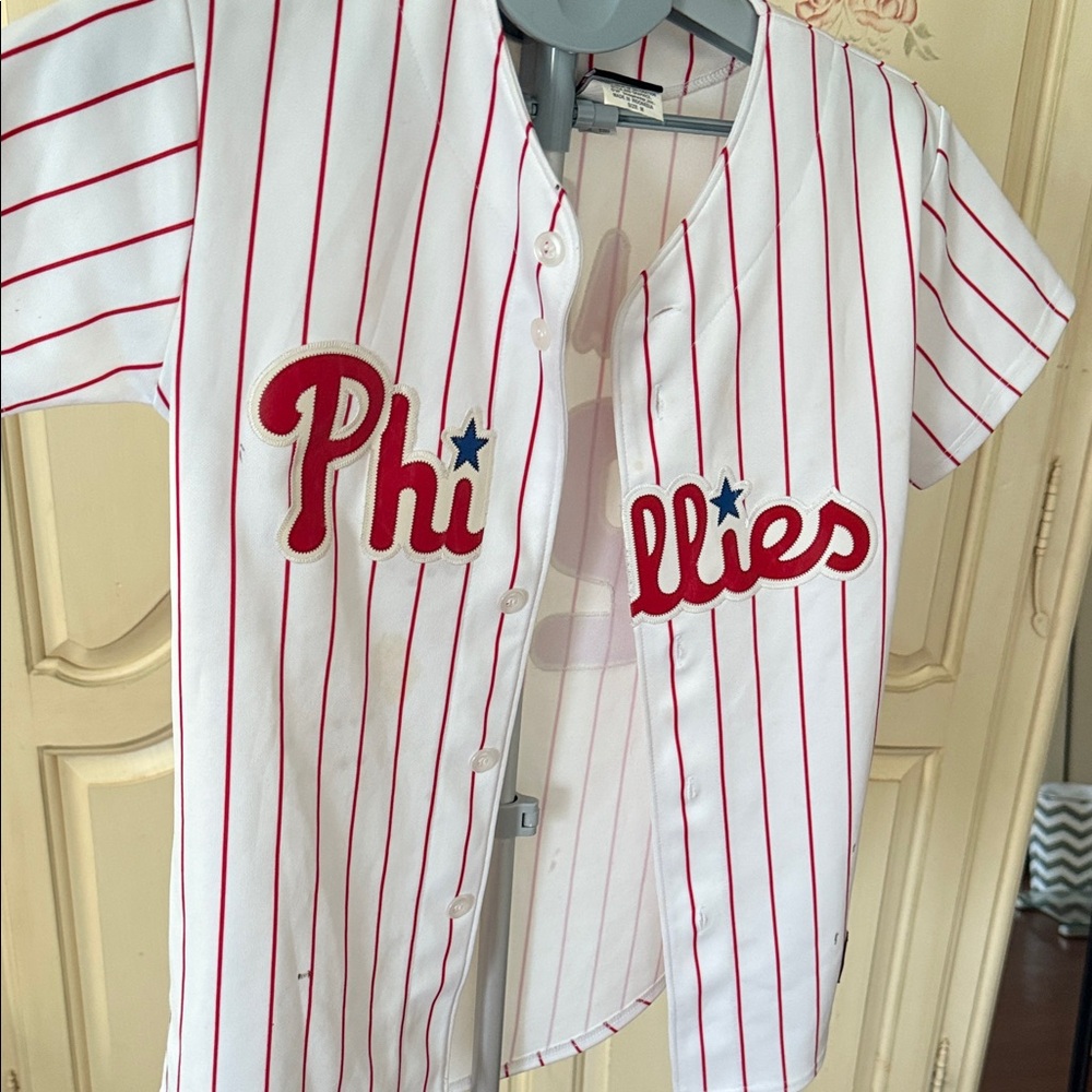 Kids Phillies Striped White and Red Baseball Jersey M